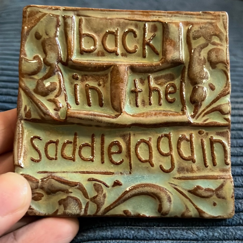 BACK IN THE SADDLE AGAIN TileSmile 3x3 Handmade Ceramic Green Blue Tile - Picture 3 of 4